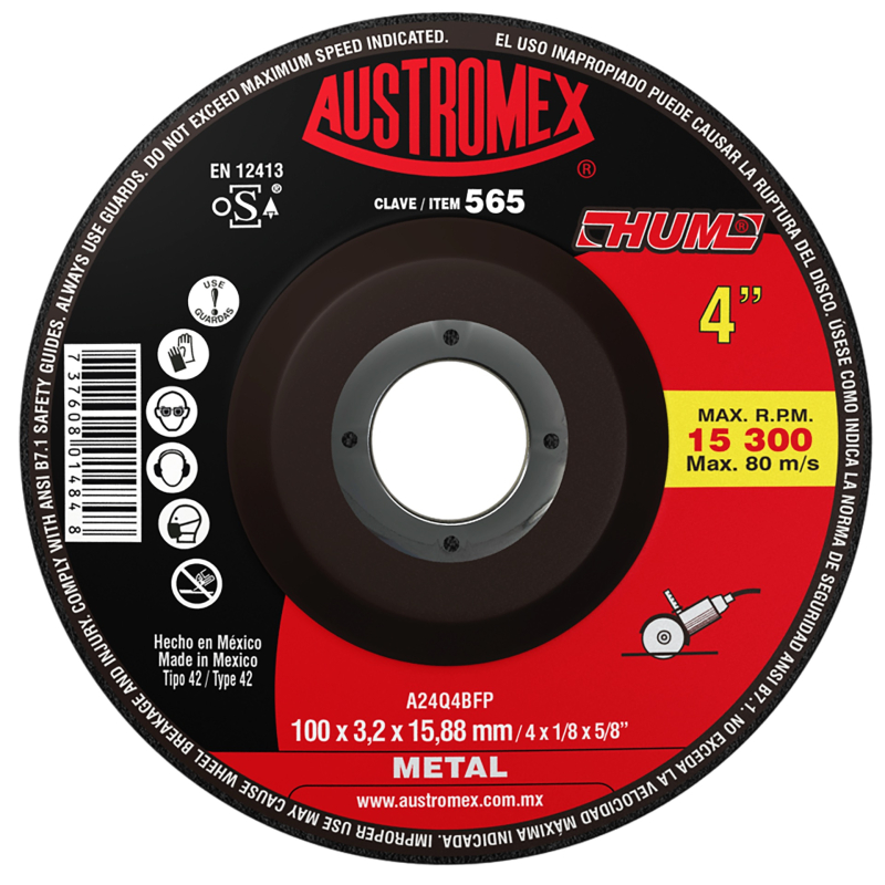 Disco abrasivo para corte de metal de 100 x 3.2 x 15.88 mm