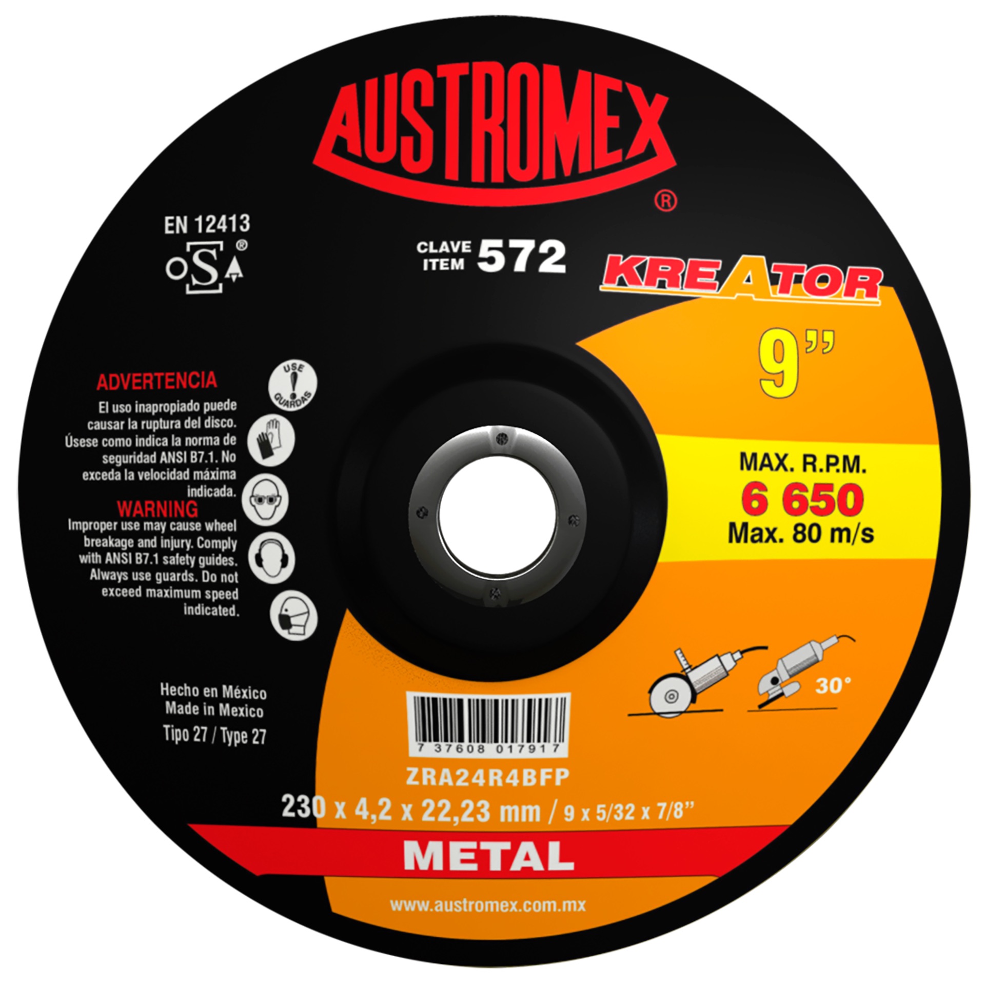Disco abrasivo para desbaste de acero, fundición y soldadura de 230 x 4.2 x 22.23 mm