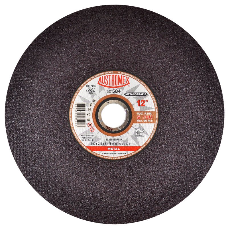 Disco abrasivo para corte de pruebas metalográficas de 300 x 2.5 x 31.75 mm
