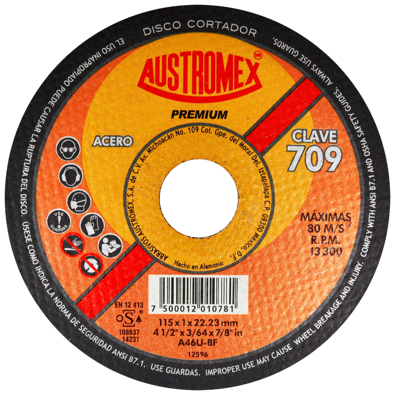 Disco abrasivo para corte de acero al carbón de 115 x 1.0 x 22.23 mm