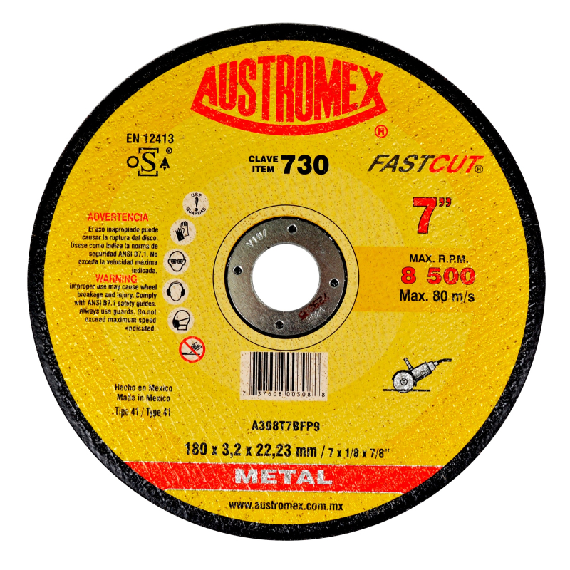 Disco abrasivo para corte de acero y fundición de 180 x 3.2 x 22.23 mm