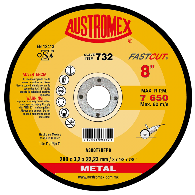 Disco abrasivo para corte de acero y fundición de 200 x 3.2 x 22.23 mm