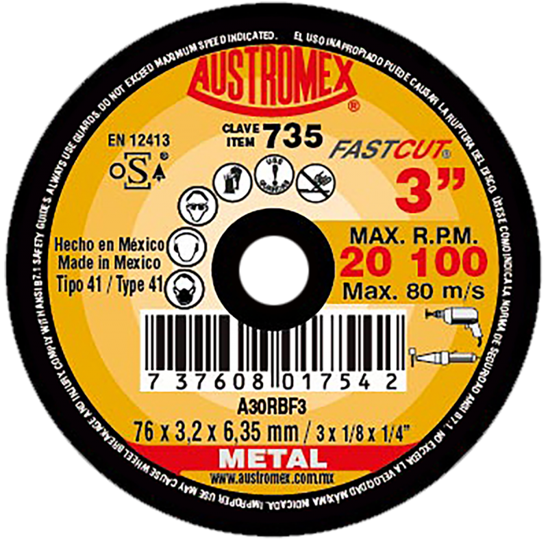 Disco abrasivo para cortar o ranurar metal de 76 x 3.2 x 6.35 mm