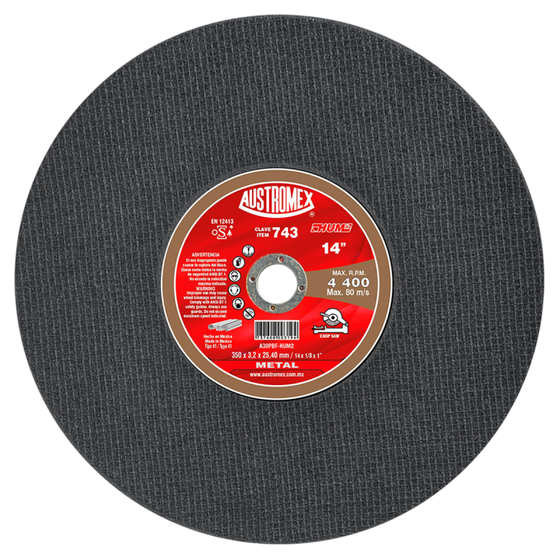 Disco abrasivo para corte de materiales de metal hueco como tubulares y perfiles de 350 x 3.2 x 25.40 mm