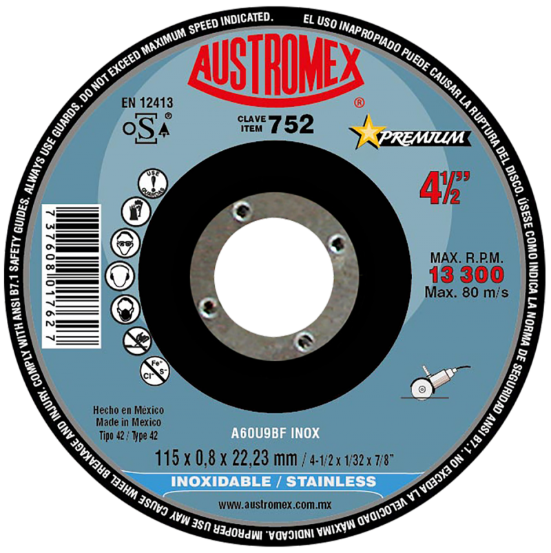 Disco abrasivo para corte de acero inoxidable de 115 x 0.8 x 22.23 mm