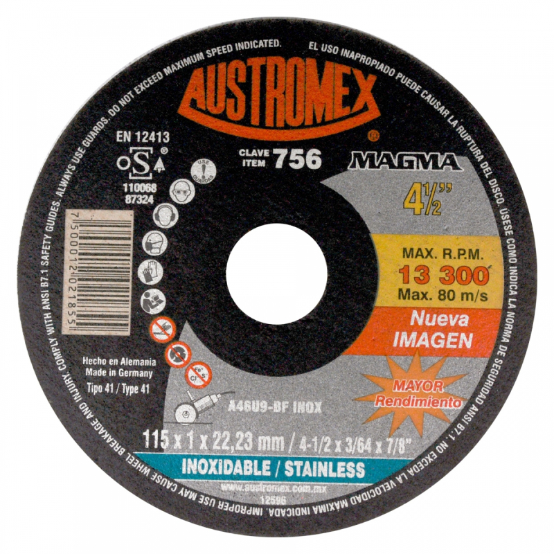 Disco abrasivo para corte de acero inoxidable de 115 x 1.0 x 22.23 mm