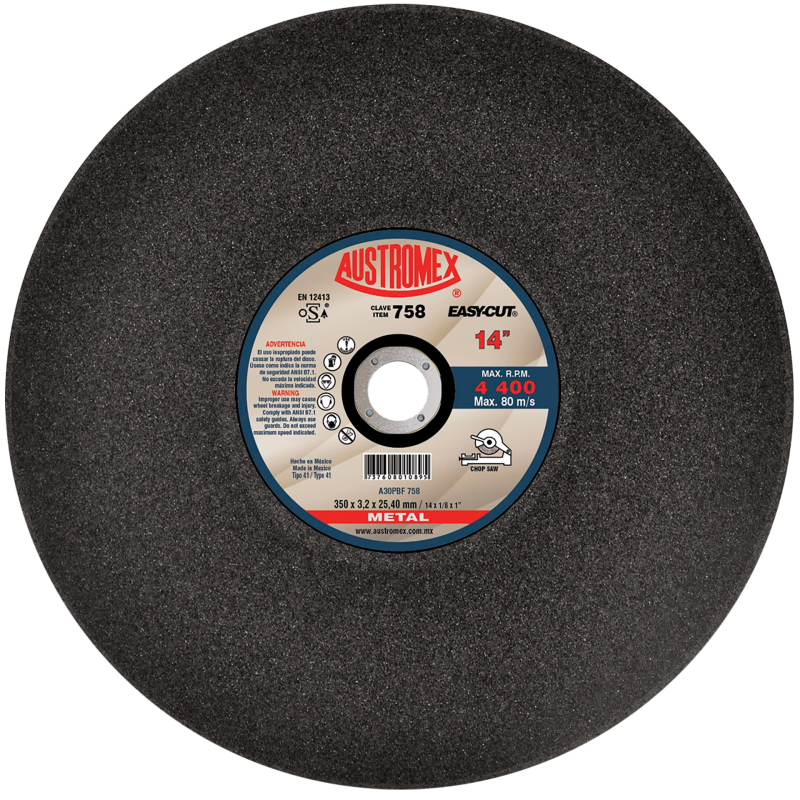 Disco abrasivo para corte de materiales de metal sólido como barras circulares, cuadradas y soleras de 350 x 3.2 x 25.40 mm