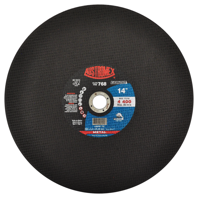 Disco abrasivo para corte de materiales de metal sólido como barras circulares, cuadradas y soleras de 350 x 3.2 x 25.40 mm