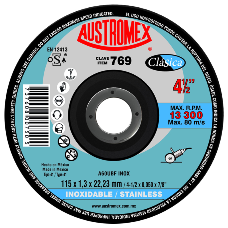 Disco abrasivo para corte de acero inoxidable de 115 x 1.3 x 22.23 mm