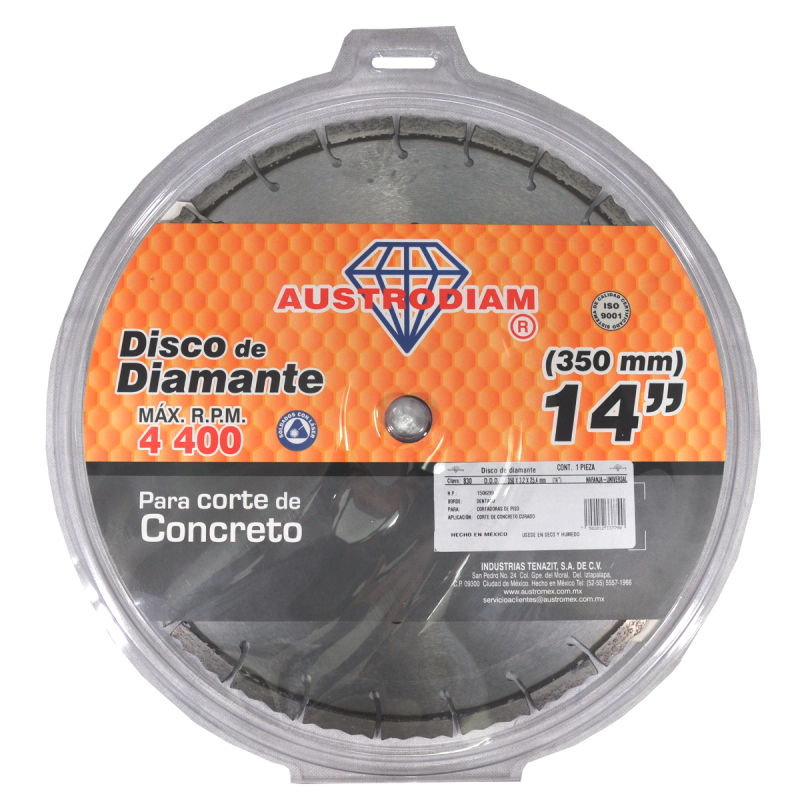 Disco de diamante de 350 x 3.2 x 25.4 mm para corte de concreto curado o reforzado