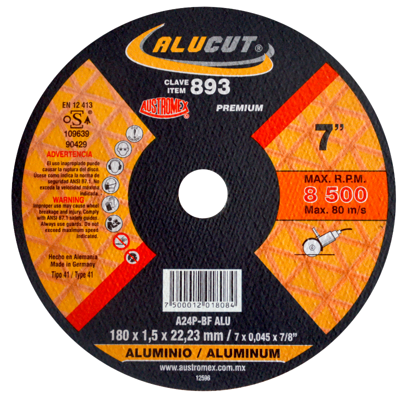 Disco abrasivo para corte de aluminio, bronce, latón o cualquier metal no ferroso de 180 x 1.5 x 22.23 mm